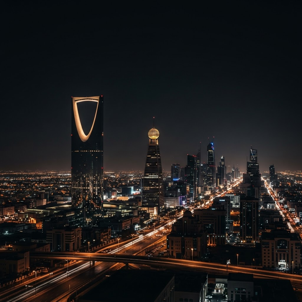Riyadh skyline at night featuring the Kingdom Centre tower